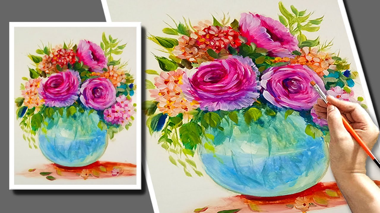 Pink Flowers in Glass Vase Acrylic Painting tutorial | acrylic painting ...