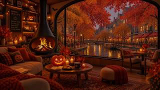 Tranquil October Café Jazz | Halloween Autumn Rain, Canal Lights & Gentle Fireplace Jazz For Focus screenshot 2
