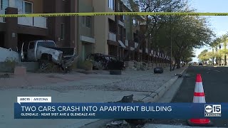 Driver at-large after two-vehicle crash into apartment building near Westgate in Glendale