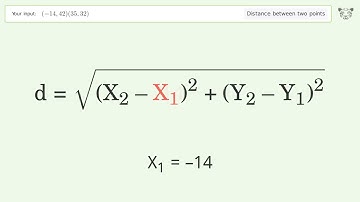 Find the distance between two points p1 (-14,42) and p2 (35,32): Step-by-Step Video Solution