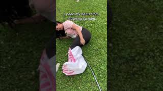 Woman falls and laughs so hard that she has an accident!