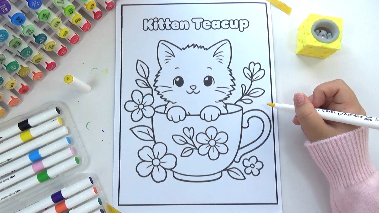 How to Color a Cute Kitten in a Teacup! 🐾☕