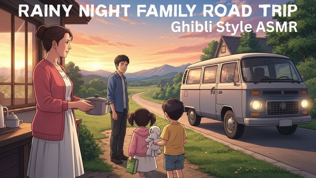 “Rainy Night Family Road Trip”. Ghibli Syle Asmr.