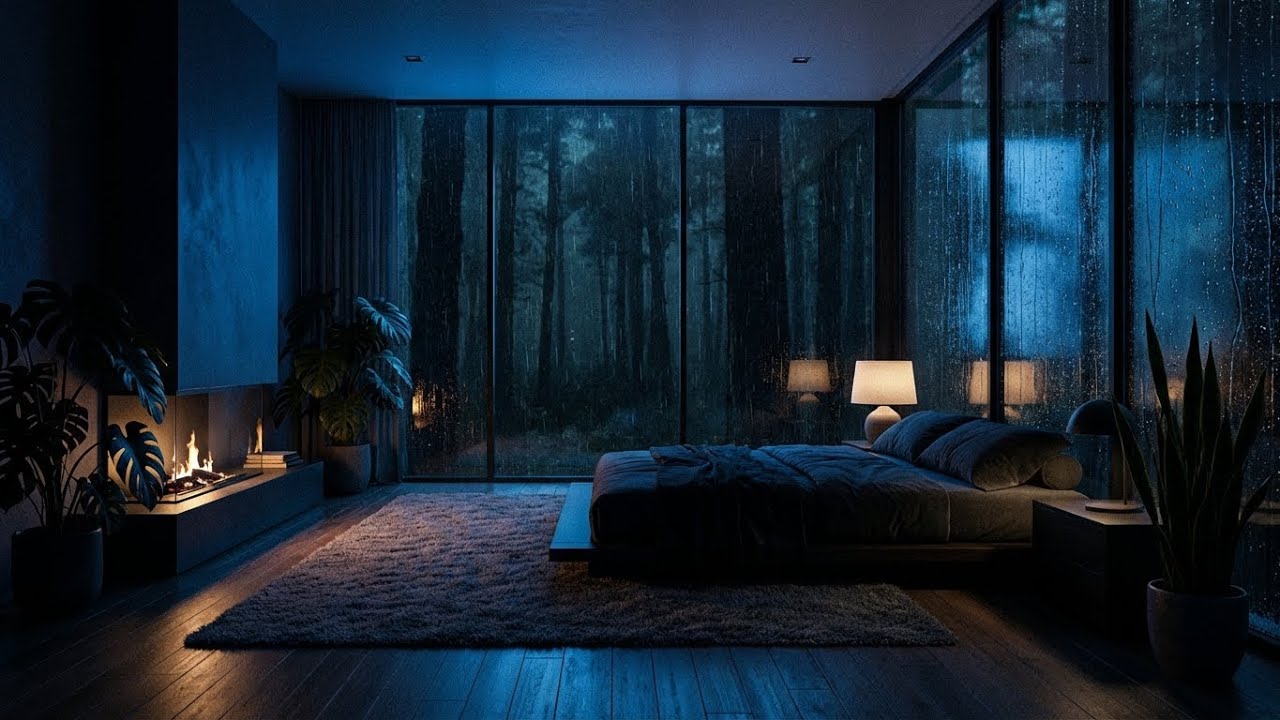 Stress Relief: Forest Rain & Felt Piano in Dark Glass Room for Deep Sleep and Health 🌧️🔥