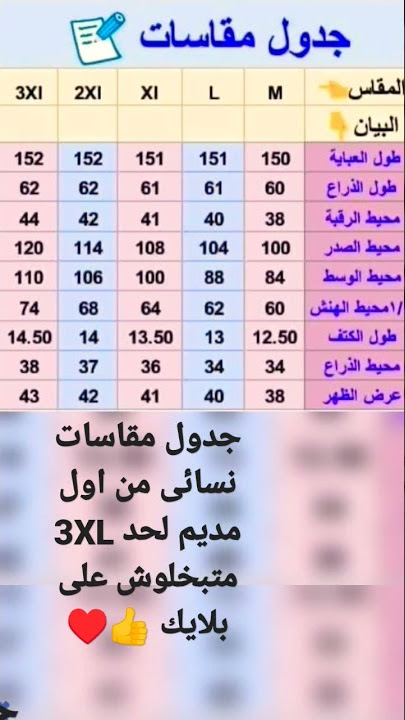 جدول مقاسات نسائى هام جدا للتفصيل