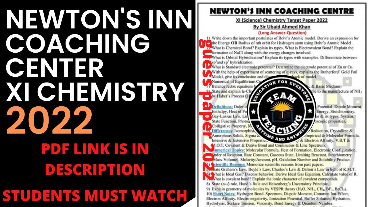 XI year Chemistry Guess paper Newtons' Inn Coaching Center 2022
