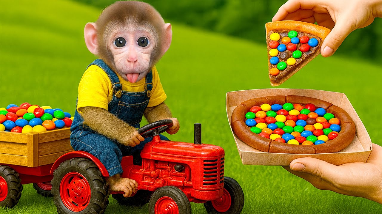 Monito Bebé Amor compra pizza de caramelos M&M con el patito en el supermercado - Mono Amor