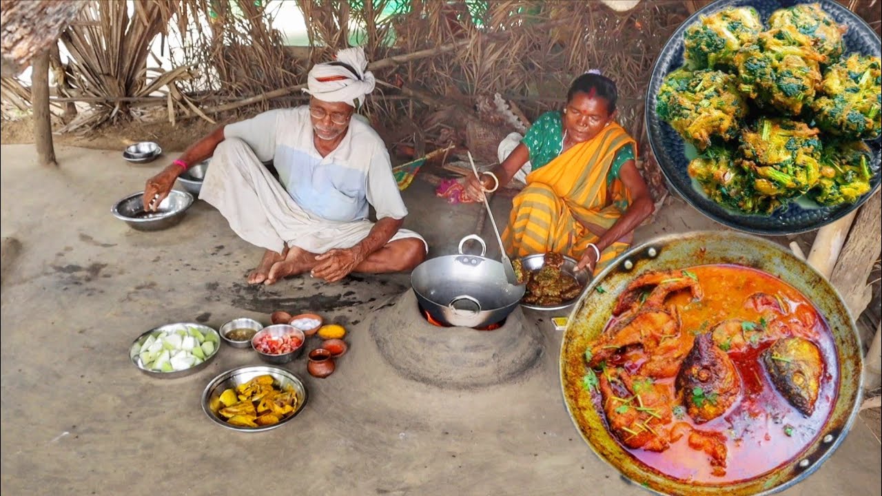 Lunch Preparation: Santali Tribes’ Fish Curry with Lauki and Green Pakora by an Elderly Couple