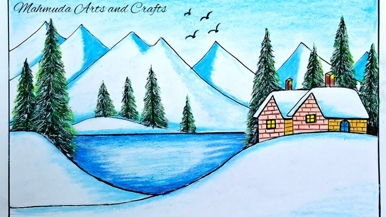 How to Draw Beautiful Winter Season || Simple Snow Scenery Drawing Step ...