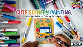 🎨आसान पेंटिंग तकनीक! a Happy Van Scene! 🚌🥰 #painting #markerart #art #easyart #easy #diy #learning 