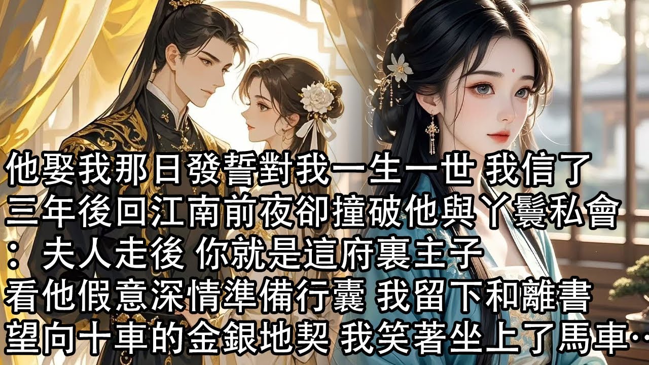 【一口氣看完】他娶我那日發誓對我一生一世 我信了，三年後回江南前夜卻撞破他與丫鬟私會：夫人走後 你就是這府裏主子，看他假意深情準備行囊 我留下和離書，望向十車的金銀地契 我笑著坐上了馬車…