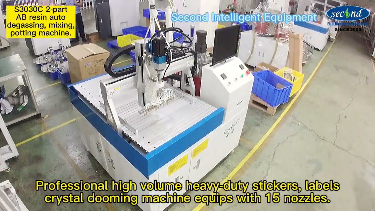 Heavy-duty stickers, labels crystal doming machine equips with 15 dosing nozzles.