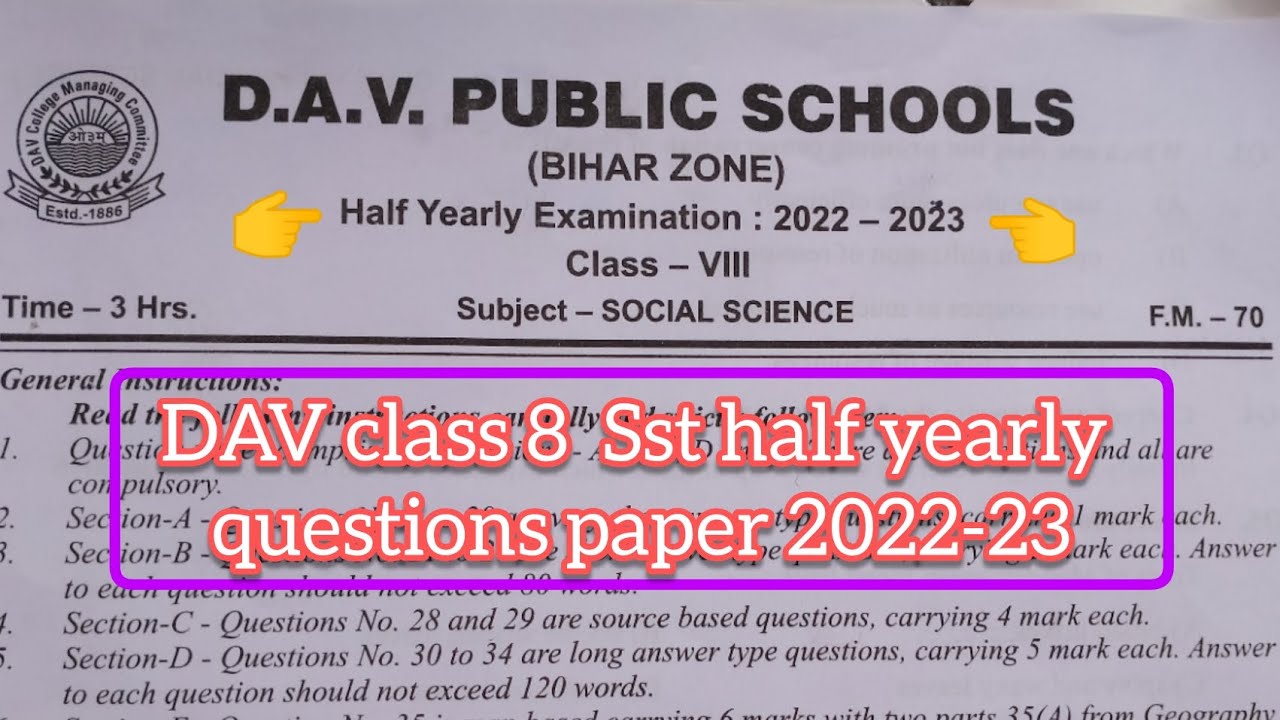 DAV class 8 sst half yearly questions paper 202223. BIHAR zone G