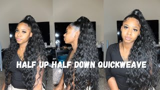Half Up Half Down Quick weave Tutorial | No heat on short natural hair
