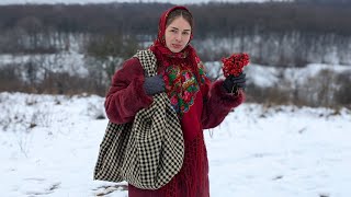 Looking for red berries in the winter forest! Cooking porridge and tea in dugout. Ukrainian food