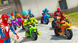 El Hombre Araña y Superheroes Vs Hulk Ragdolls gta 5 corridas de motos fallos SALTOS con MOTOS