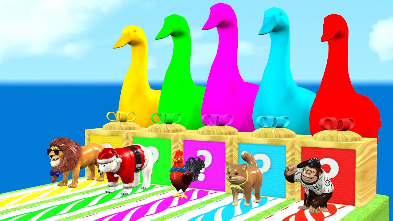 5 Giant Duck Cartoon,Cow,Elephant,Tiger,Lion,Dinosaur,Paint Wild Animals Crossing Fountain Animation