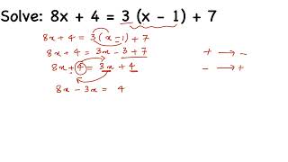 Solve 8x +4 = 3(X-1) + 7.Linear equation in one variable class 8 maths. How to solve linear equation