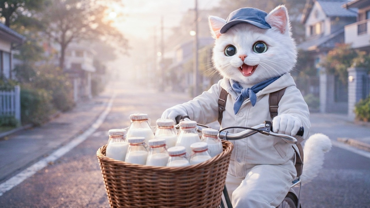 【ミルク配達🐾】白猫ショガの朝さんぽ🚲🥛 霧の街でほっこり