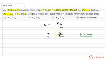 An ideal solution has two components A is more volatile than B, i.e.`P_A^()gtP_B^()` and also` p...