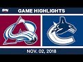 NHL Highlights | Avalanche vs. Canucks – Nov. 2, 2018