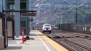 Caltrain EMU Test Train Meets Caltrain HiRail At Bayshore Station