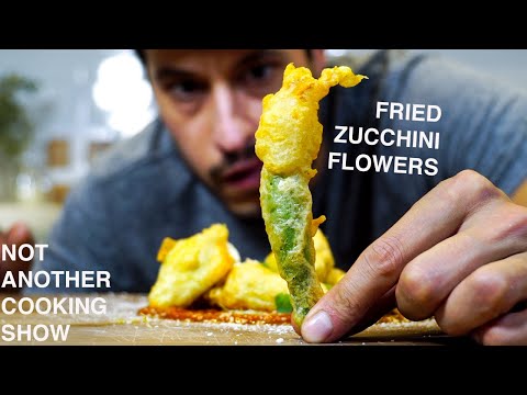 FRIED SQUASH BLOSSOMS stuffed with RICOTTA (fried zucchini flowers)