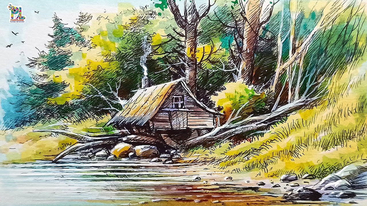 How to Coloring Hut in Forest Landscape Art by Brush Sketch Pens - YouTube