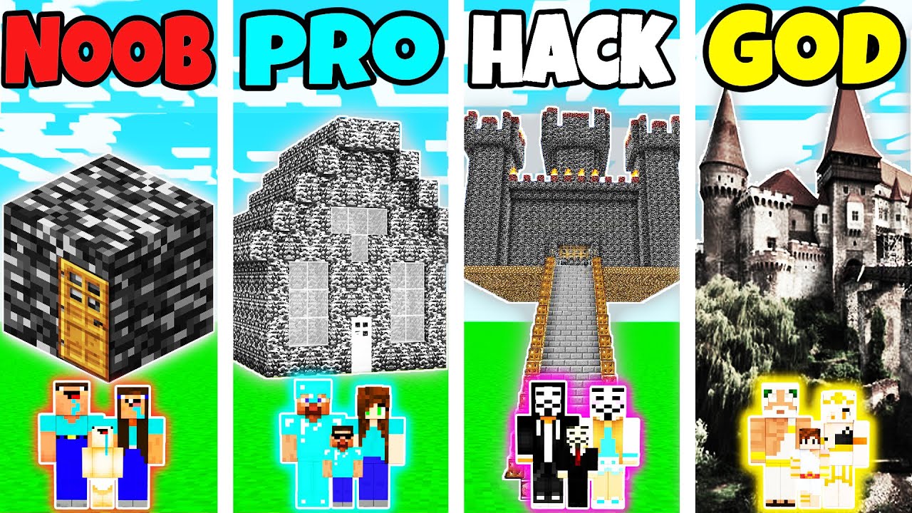 Minecraft: FAMILY BEDROCK HOUSE BUILD CHALLENGE - NOOB vs PRO vs HACKER vs GOD in Minecraft