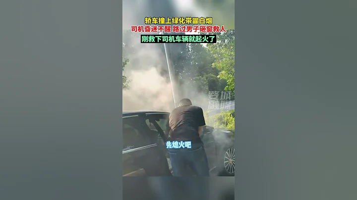 轿车撞上绿化带冒白烟，司机昏迷不醒，路过男子砸窗救人！#危险瞬间 #正能量 #救人瞬间 #车祸 - 天天要闻