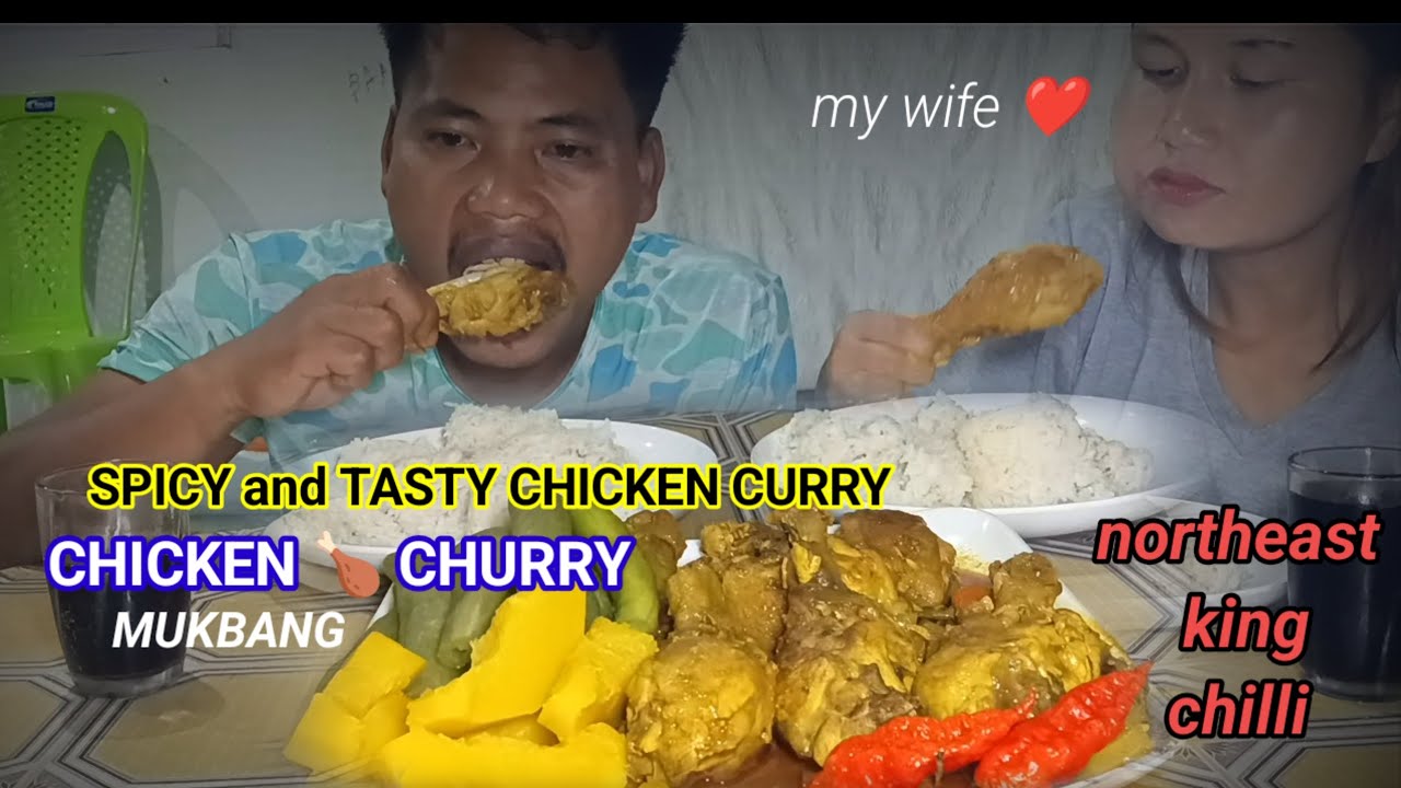SPICY CHICKEN MASALA CURRY, BEGUL, PUMPKIN, RED KING CHILI, RICE, MUKBANG.