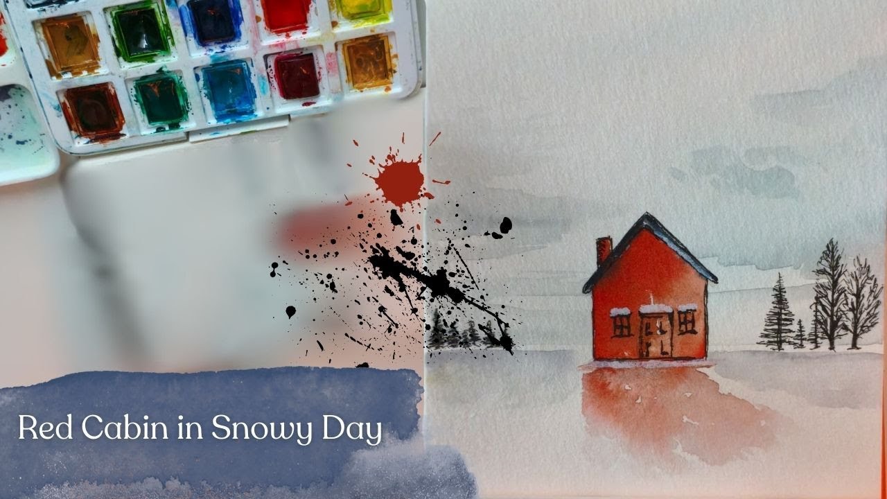 Snowy Winter Landscape | Red Cabin Watercolor Painting