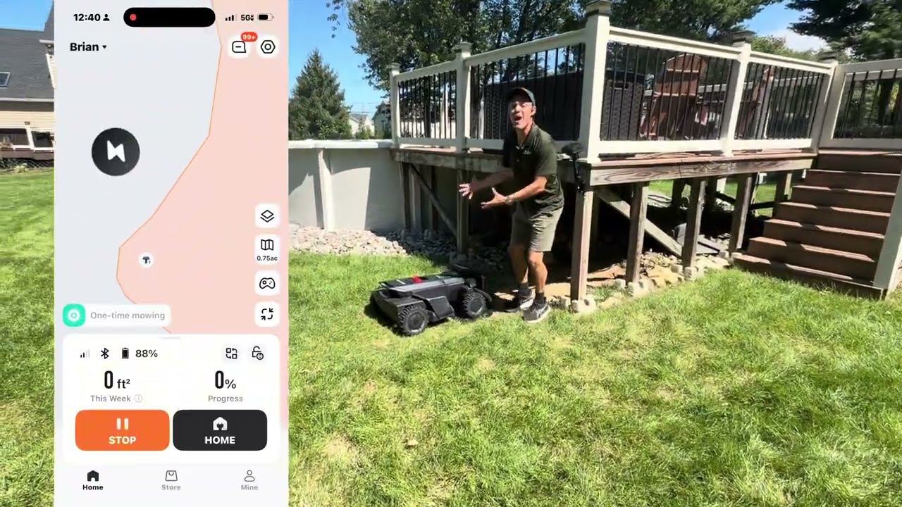 The Navimow app showing Brian's mapped 0.75-acre lawn beside Paul from Zippy Lawnz standing at the pool deck in Warrington, PA, with the Navimow X430 parked in the shade under the deck where the dock was first tried