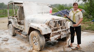 The girl cleaned, repaired and restored the car for her neighbor.