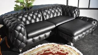 高級総革張りチェスターフィールド調3人掛けソファー+スツール　ブラック　家具紹介_181205_アウトレットG　ST30-2Z