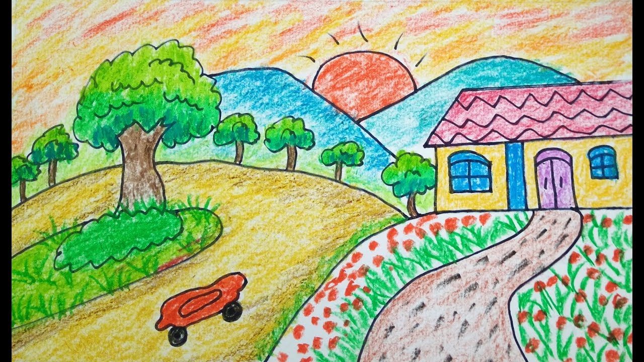 How to Draw Scenery of house Mountain Drawing for Kids 