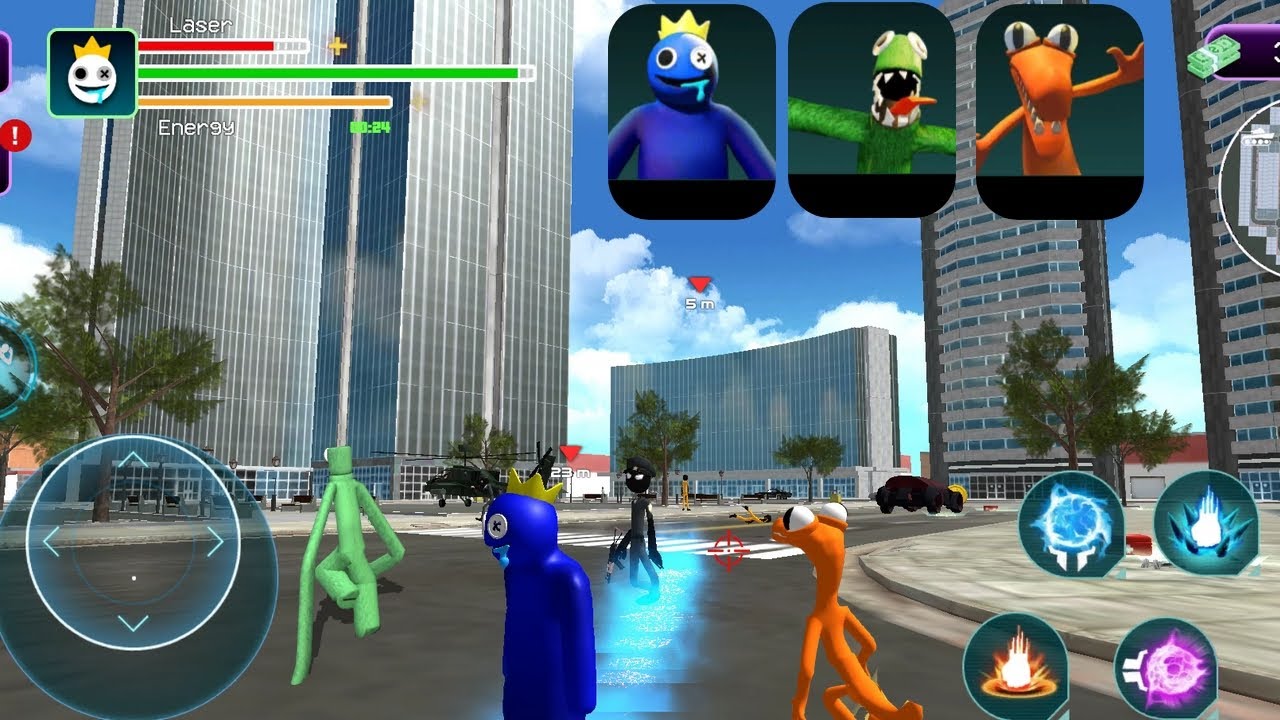 Blue, green e Orange com poderes destruindo a cidade, Rainbow Friends ...