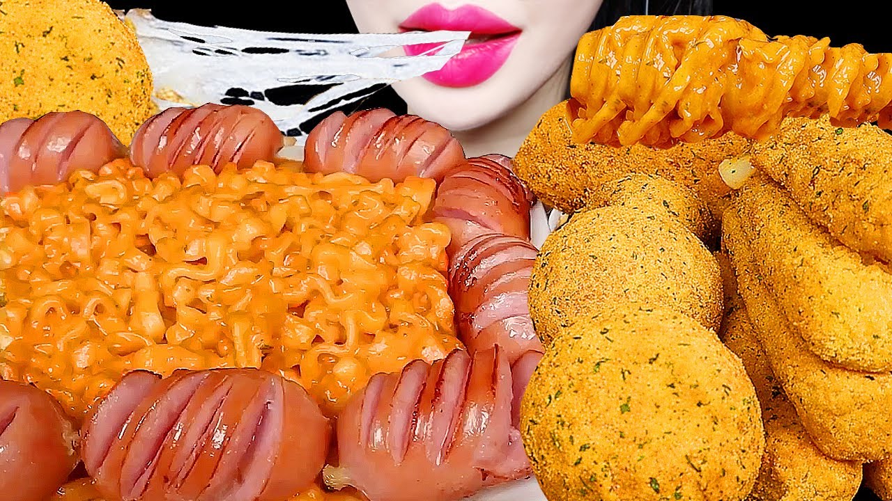 ASMR CHEESY CARBO FIRE NOODLE, CHICKEN, CHEESE BALL 까르보불닭 뿌링클 치킨 치즈볼 먹방 EATING SOUNDS MUKBANG