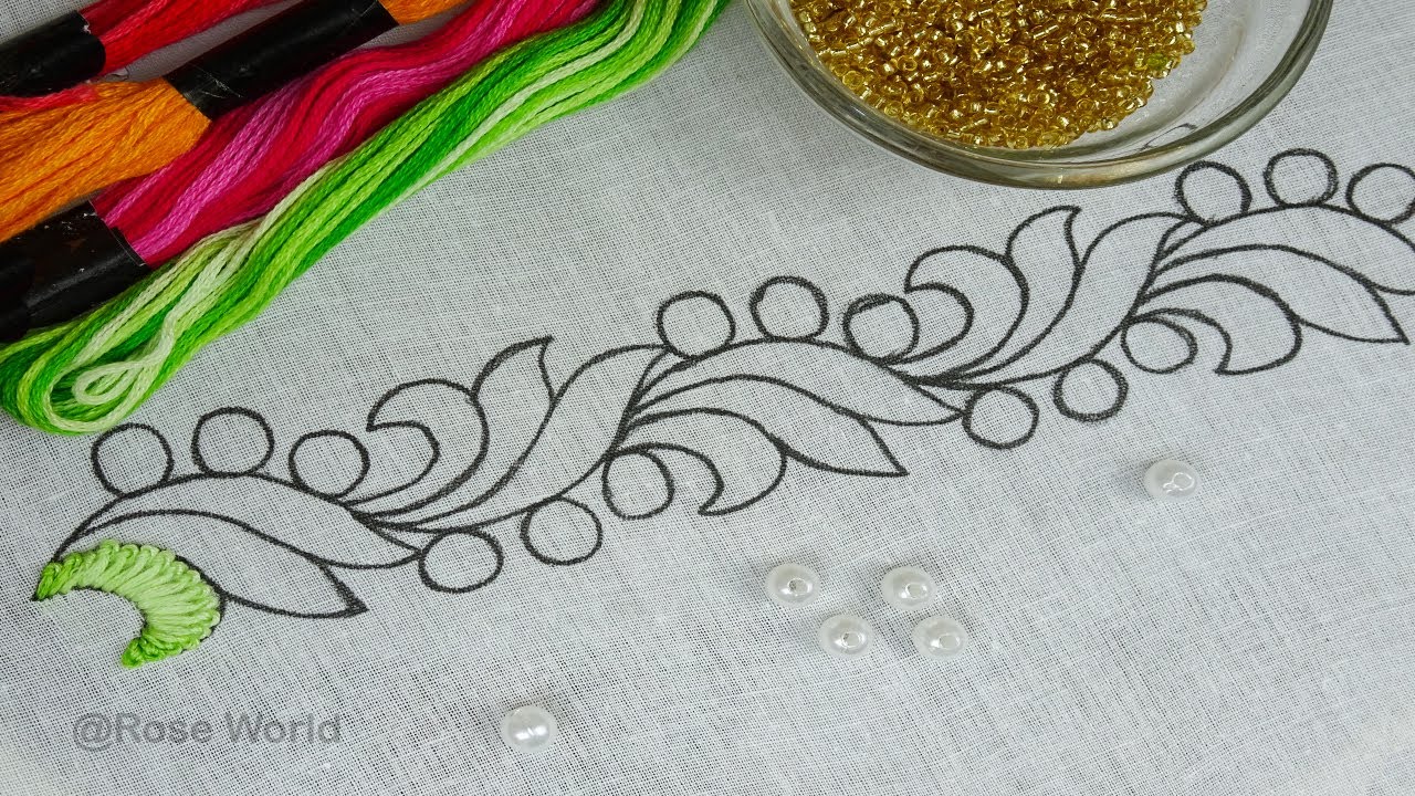 beaded hand embroidery easy border line design, modern embroidery with beads