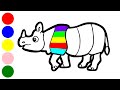 How to draw a Rhinoceros, Rhinoceros Drawing Painting and Coloring | Easy  Animals Drawing Video