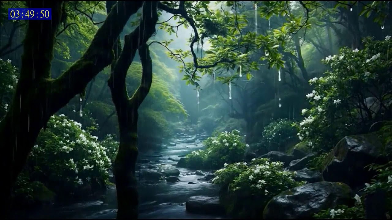 Healing Rainfall in a Tropical Forest River for Mental Peace
