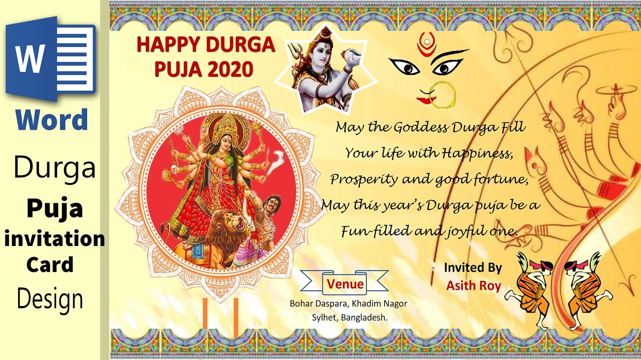 Durga Puja invitation card Design in Microsoft Word 2020 || Invitation  Durga pooja template in Word - YouTube