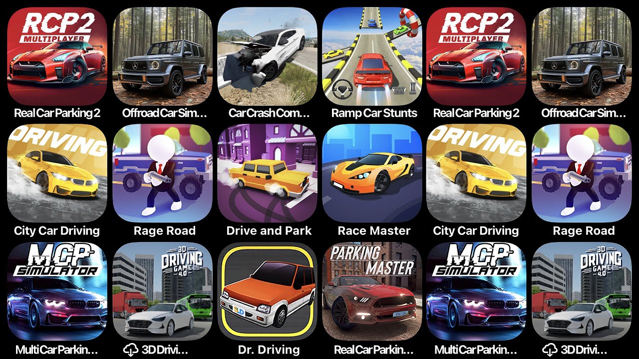 Real Car Parking 2,Offroad Car Simulator,Car Crash,Ramp Car Stunts,City Car Driving,Rage Road