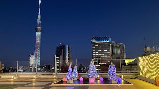 浅草ハレテラス 浅草 松屋 屋上 クリスマスツリー ★ 東京スカイツリー ライトアップ 虹色 ♪ Asakusa matsuya Skytree 夕暮れ christmas tree