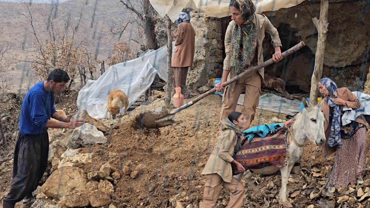 Cave Life in the Zagros Mountains in Light Rain 🌧️ | Foggy Weather, Fresh Bread & Harsh Life