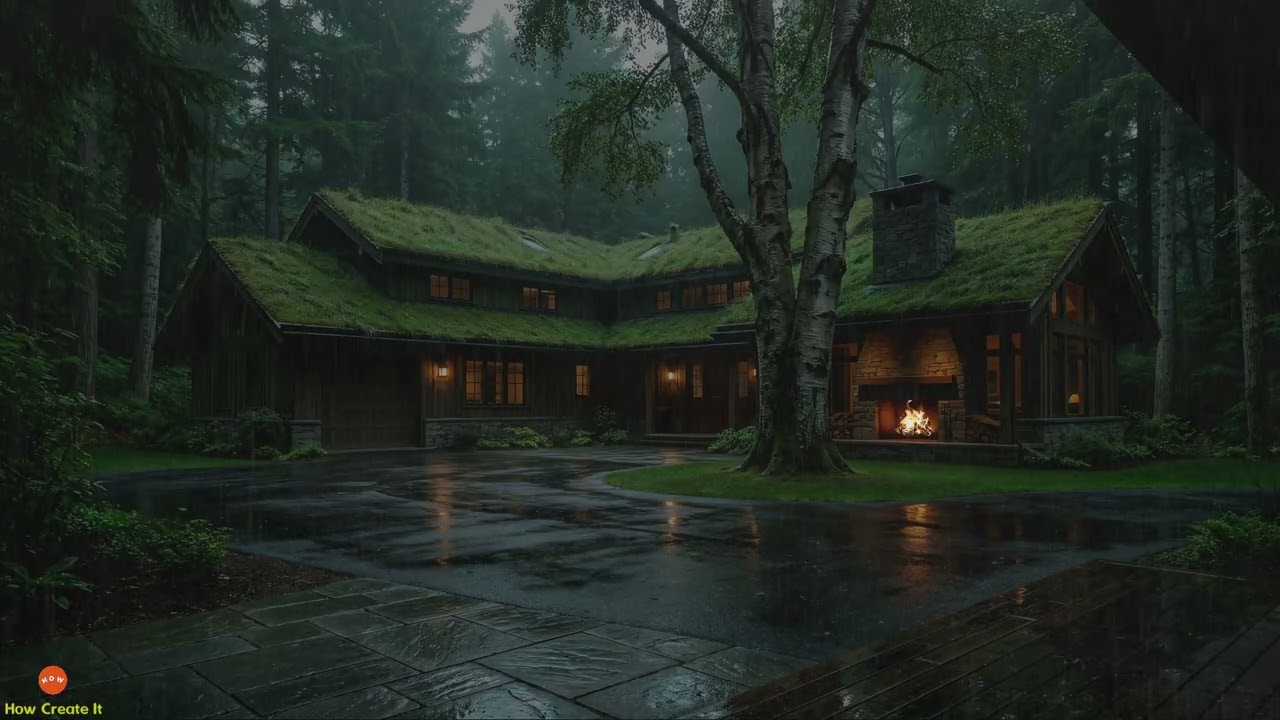 Primal Night Rain with Fireplace and Soft Thunder for Anxiety Relief in a Serene Forest Atmosphere