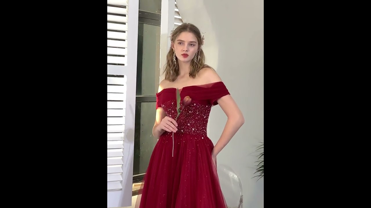 Chic Beautiful Burgundy Prom Dresses 2021 A Line Princess Off The Shoulder  Beading Crystal Sequins Short Sleeve Backless Floor Length Long Prom Formal  Dresses