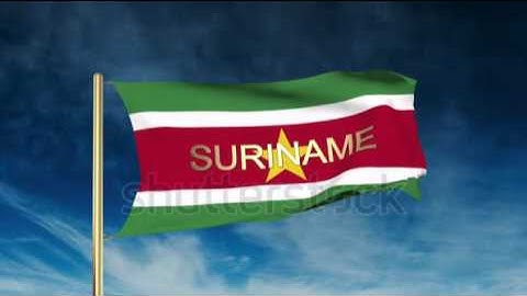 Suriname flag slider style with title. Waving in the wind with cloud background animation Stock