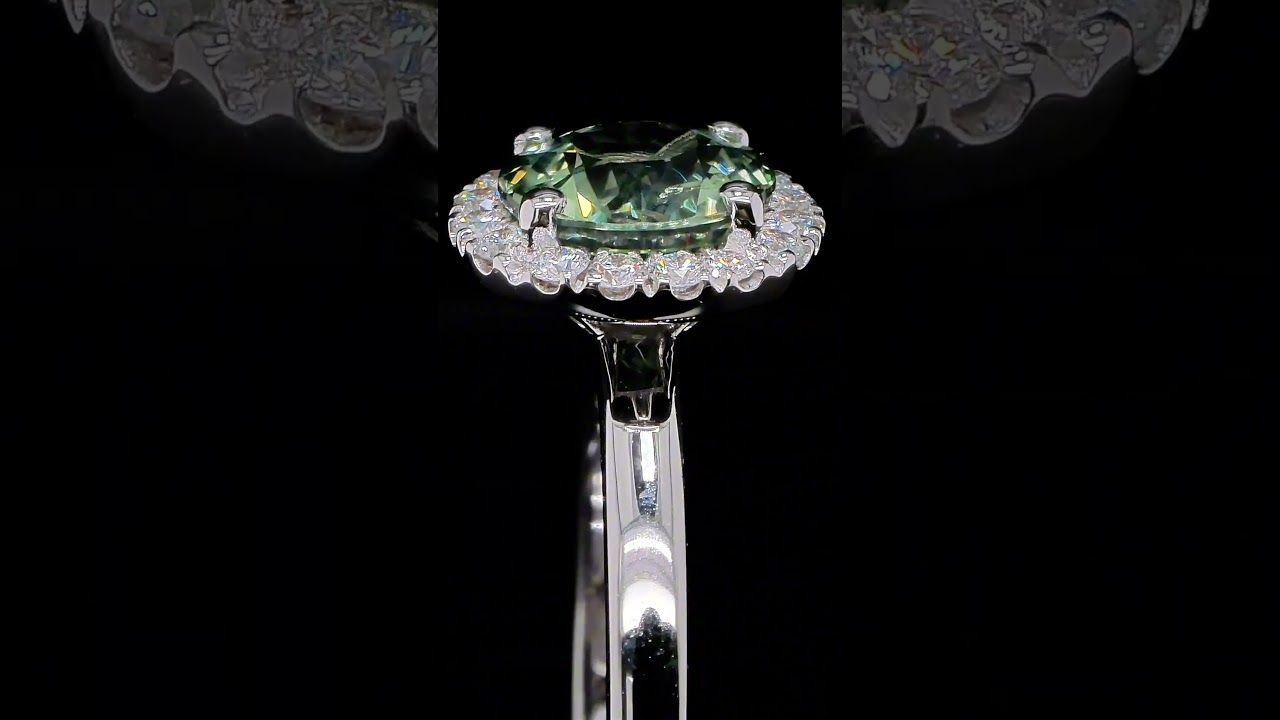 Green Sapphire Halo Ring In 18K White Gold With Diamond Pavé Detail - Orogem Jewelers