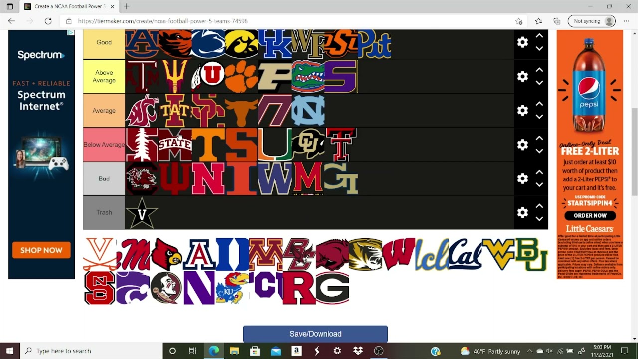 Every Power 5 College football team ranked in tier maker!